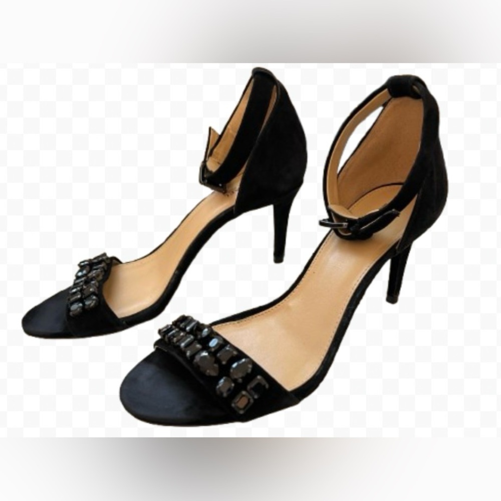 Michael Michael Kors Sylvie Black Suede & Crystal Stone Ankle Strap Heels Sz 7.5